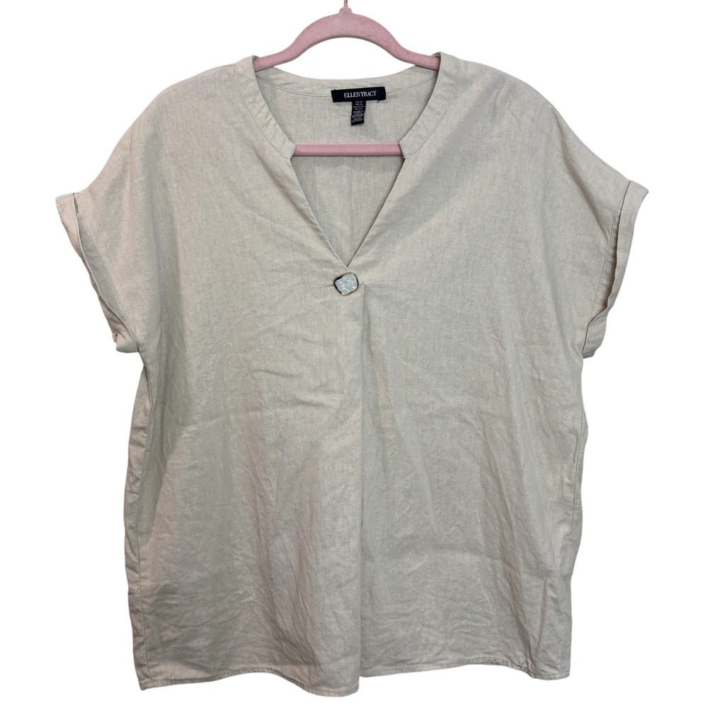 Ellen Tracy Womens Button Front Linen Blend Top Shirt Beige M Medium Casual Chic